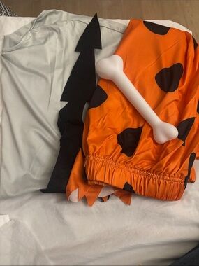 Men Orange and Black Flintstone-Style Costume Set with Bone Prop